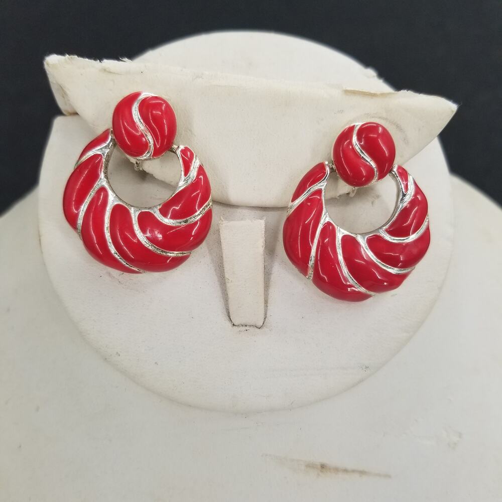 Vintage Red Sectioned Enamel Dangle Clip On Earrings Costume Jewelry